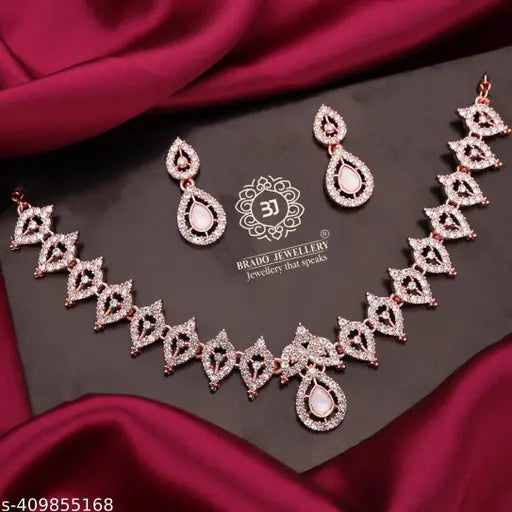 Rose Gold AD Studded Necklace Set With 1 Pair of Earrings